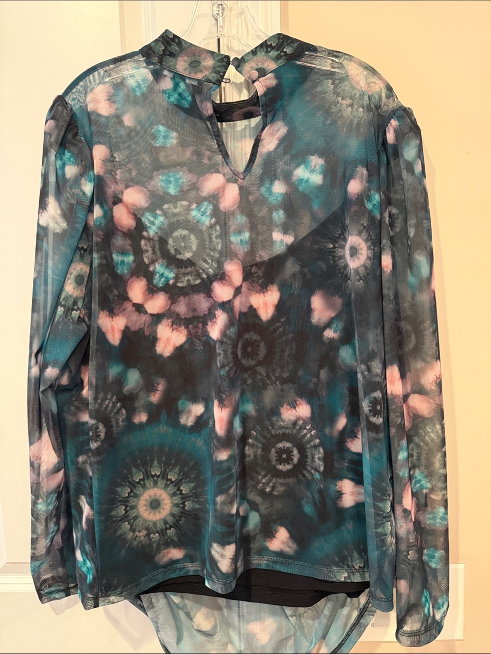 INC International Concepts Teal & Pink Sheer Tie-Neck Blouse - Picture 3 of 3